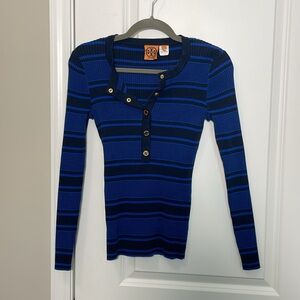 Tory Burch Knit Henley Ribbed Sweater Top Navy Blue